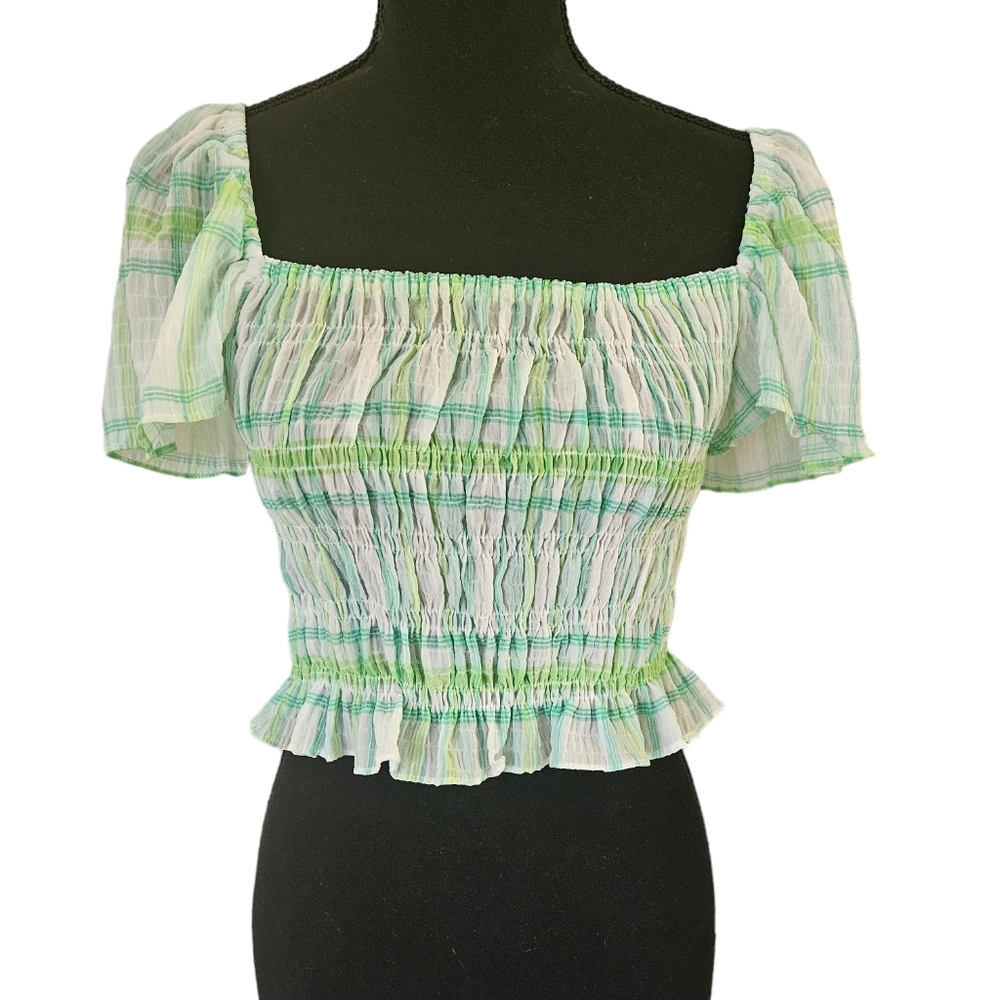 Zara Cropped Ruffle Sleeve Blouse in Green Multi Color Plaid Sz.XS NWT